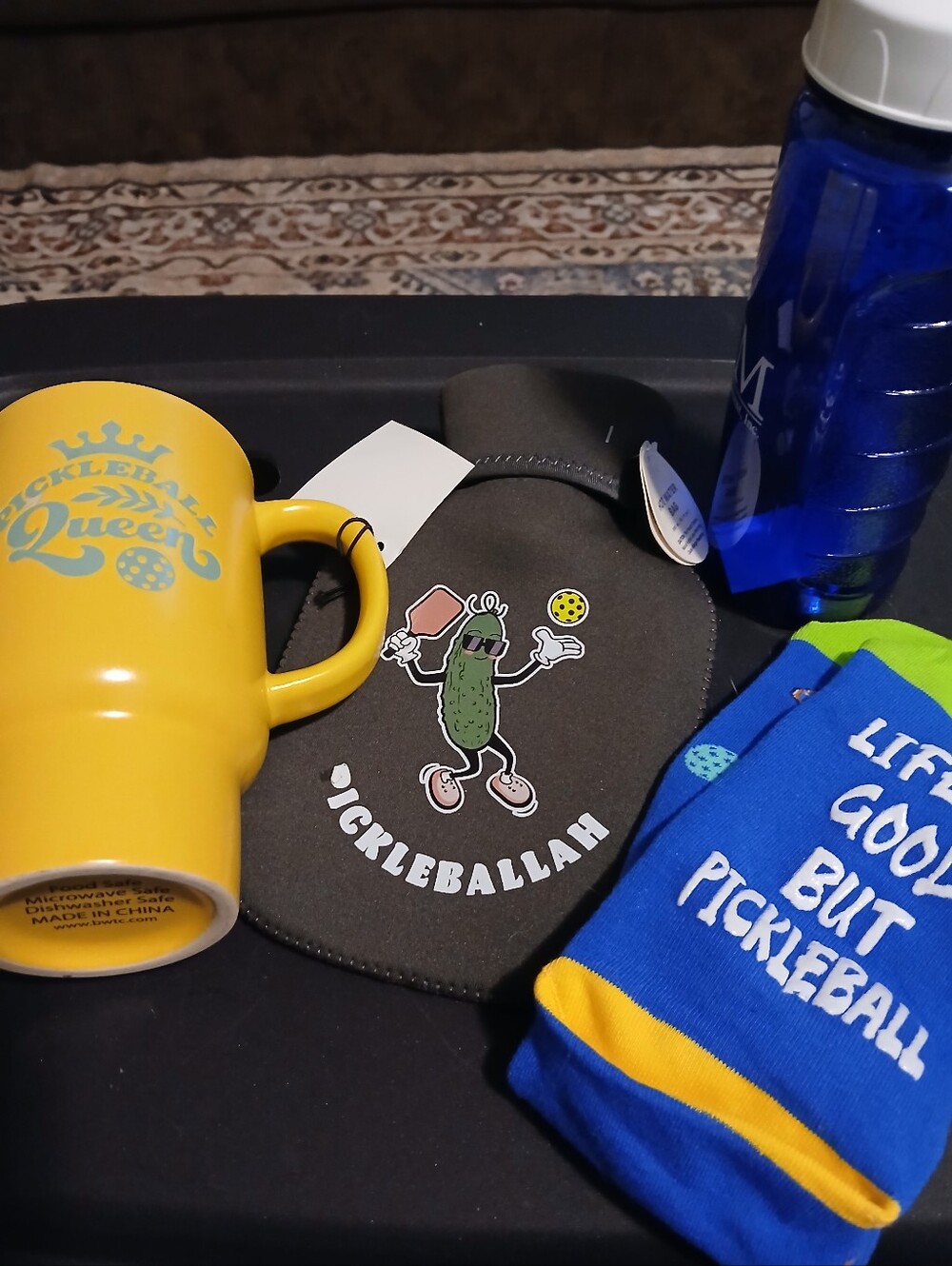 Pickleball Mug W Tags, New Socks, Hot Water Bottle W Tags, New Water Bottle
